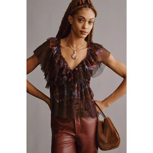 NWT Anthropologie Tulle Lace Mix Ruffled Top - Large